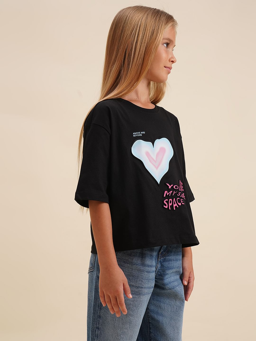 Girls Black Printed Cotton Oversized T-Shirt