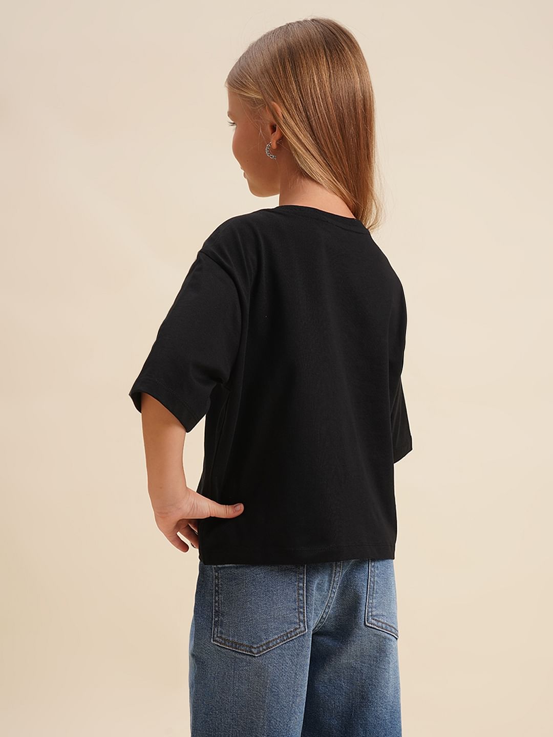 Girls Black Printed Cotton Oversized T-Shirt