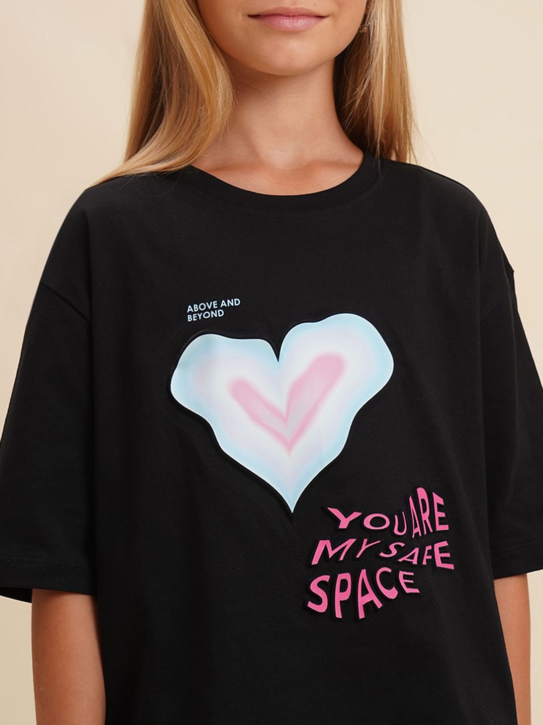 Girls Black Printed Cotton Oversized T-Shirt