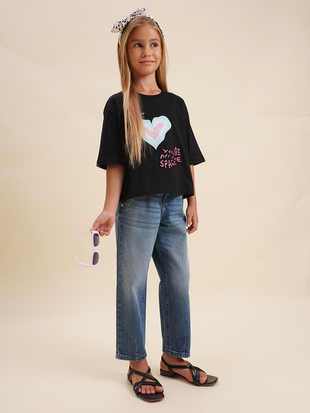 Girls Black Printed Cotton Oversized T-Shirt