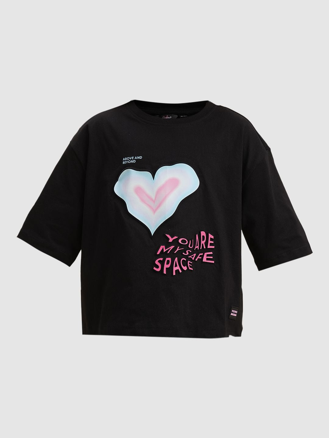 Girls Black Printed Cotton Oversized T-Shirt