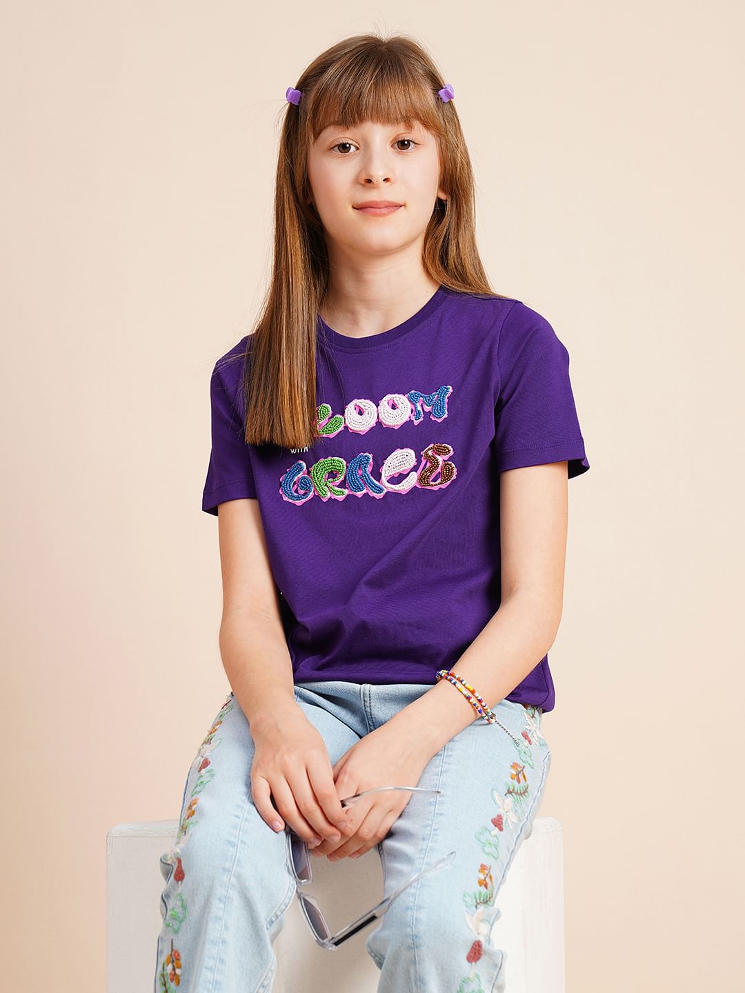 Girls Purple Bead Text Cotton T-Shirt