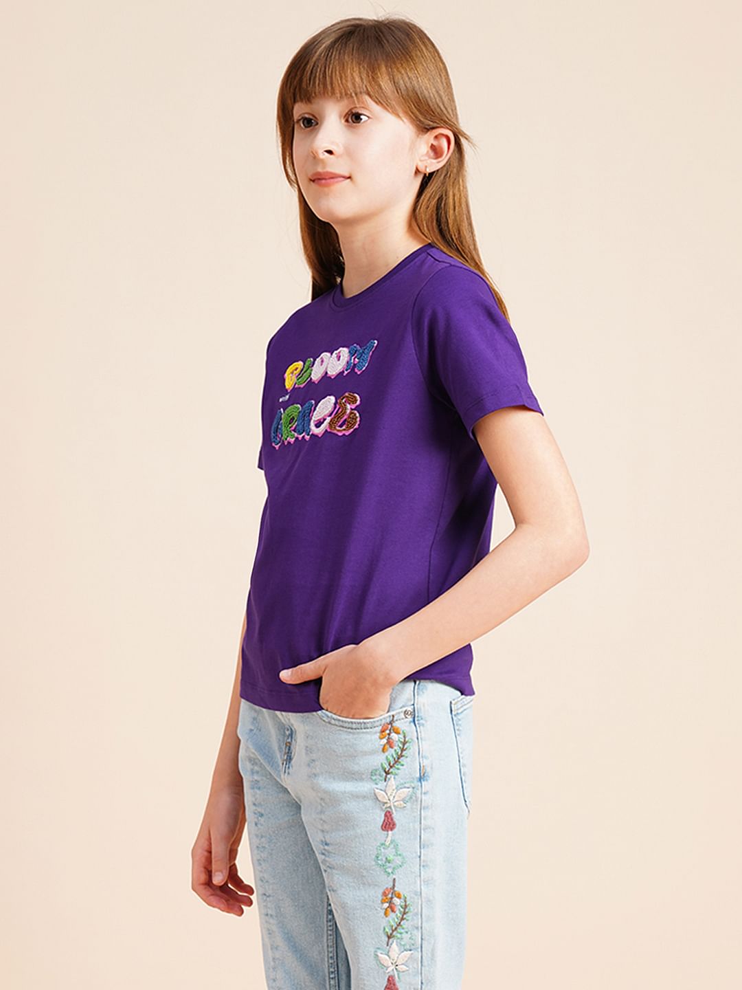 Girls Purple Bead Text Cotton T-Shirt