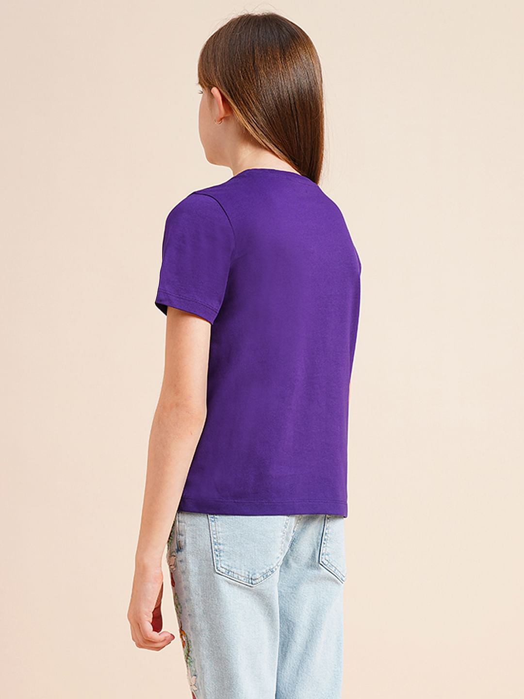 Girls Purple Bead Text Cotton T-Shirt