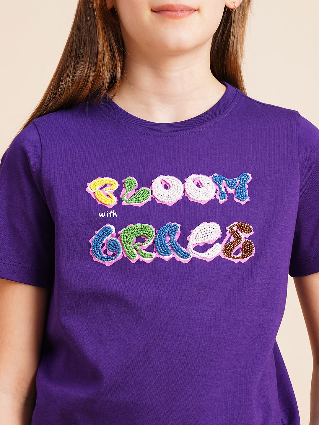 Girls Purple Bead Text Cotton T-Shirt