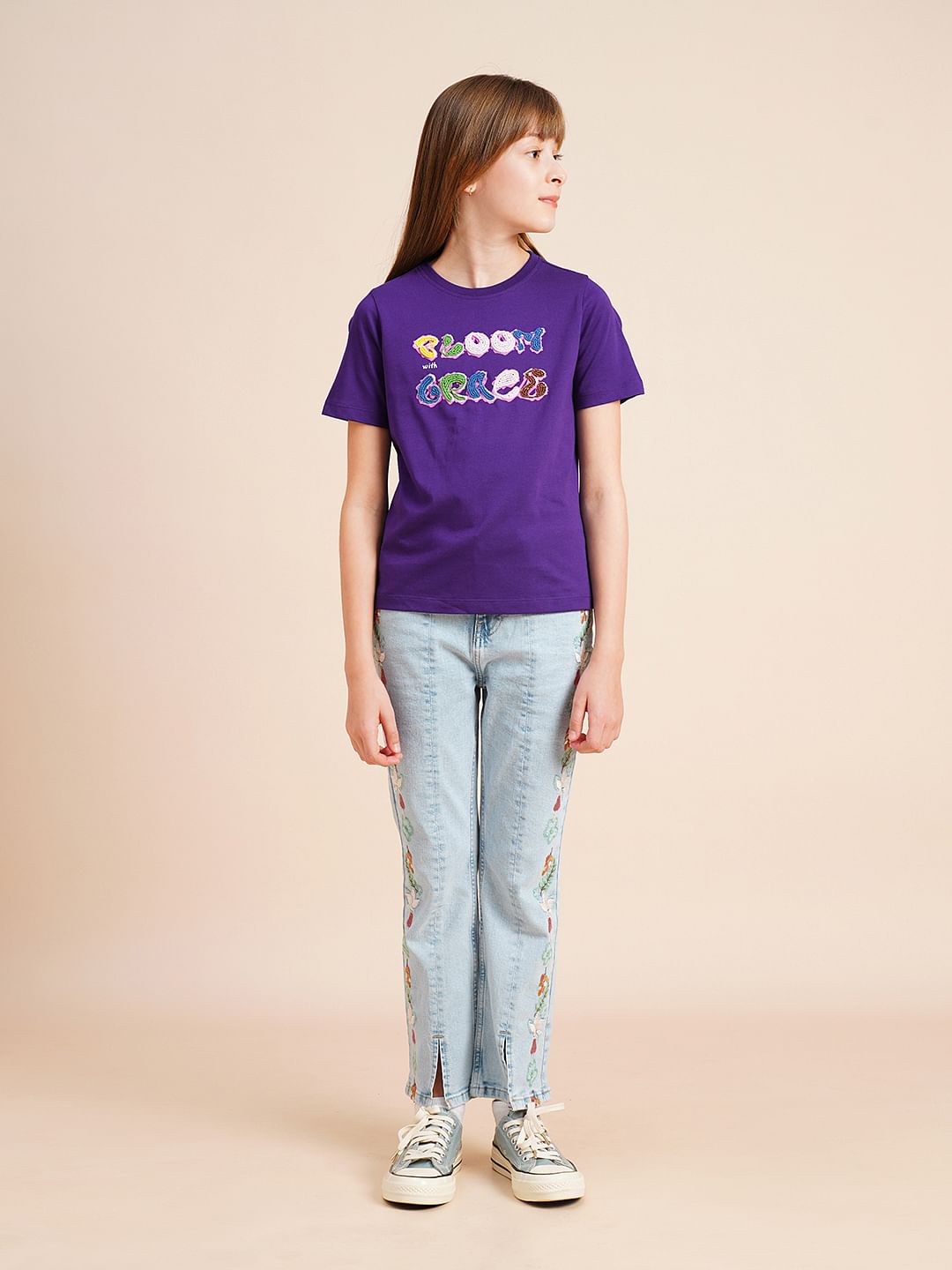 Girls Purple Bead Text Cotton T-Shirt