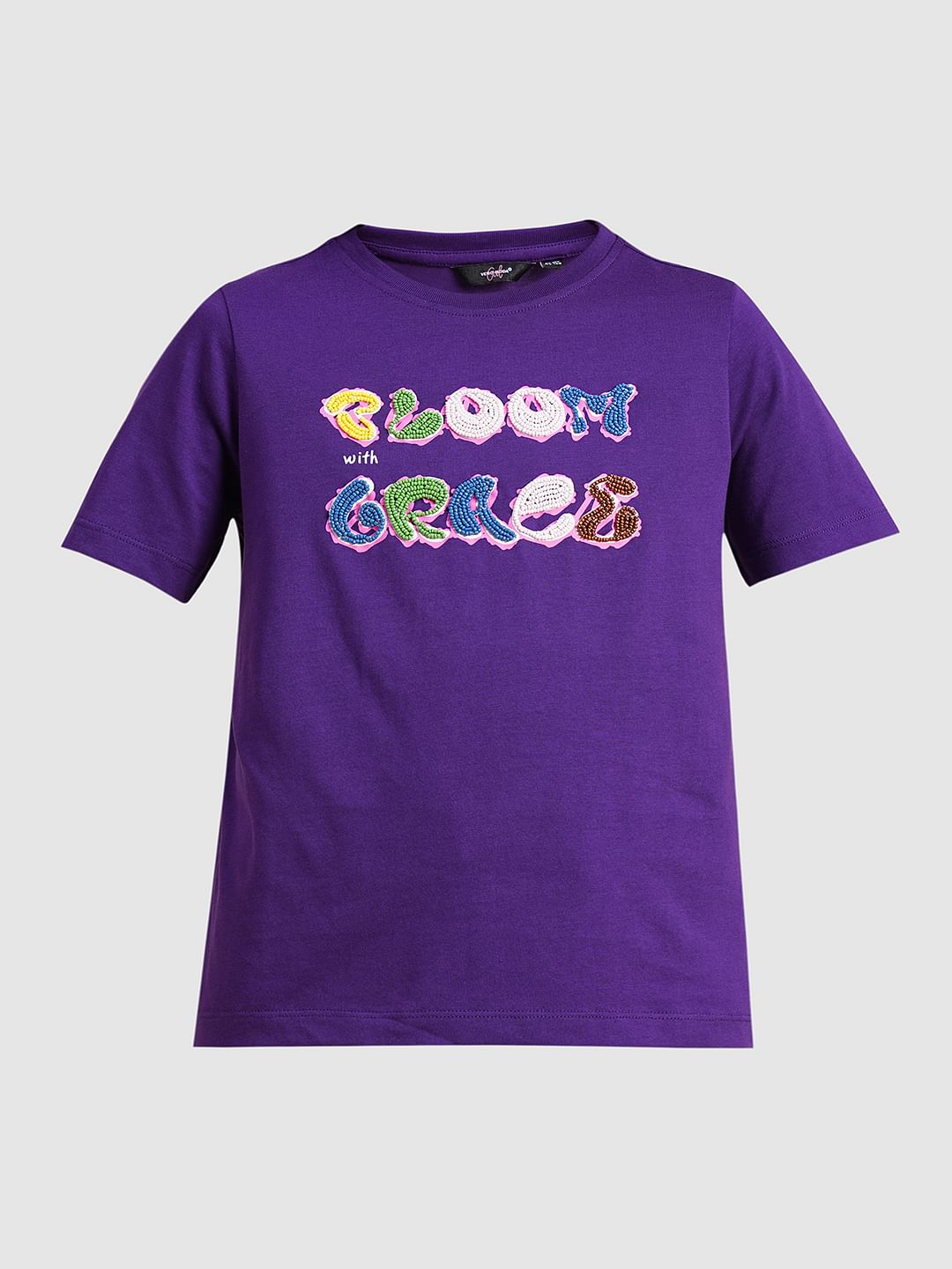 Girls Purple Bead Text Cotton T-Shirt