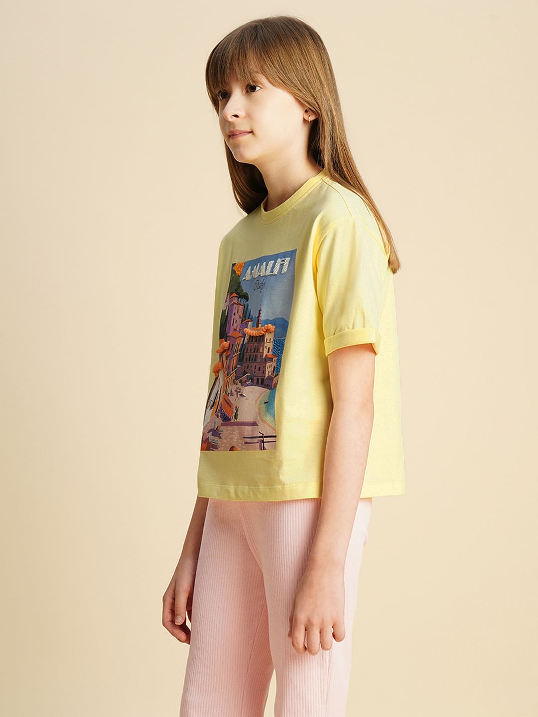 Girls Yellow Landscape Print T-Shirt