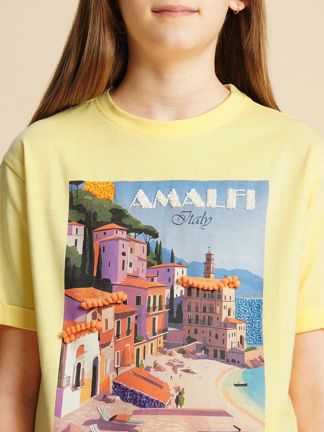 Girls Yellow Landscape Print T-Shirt