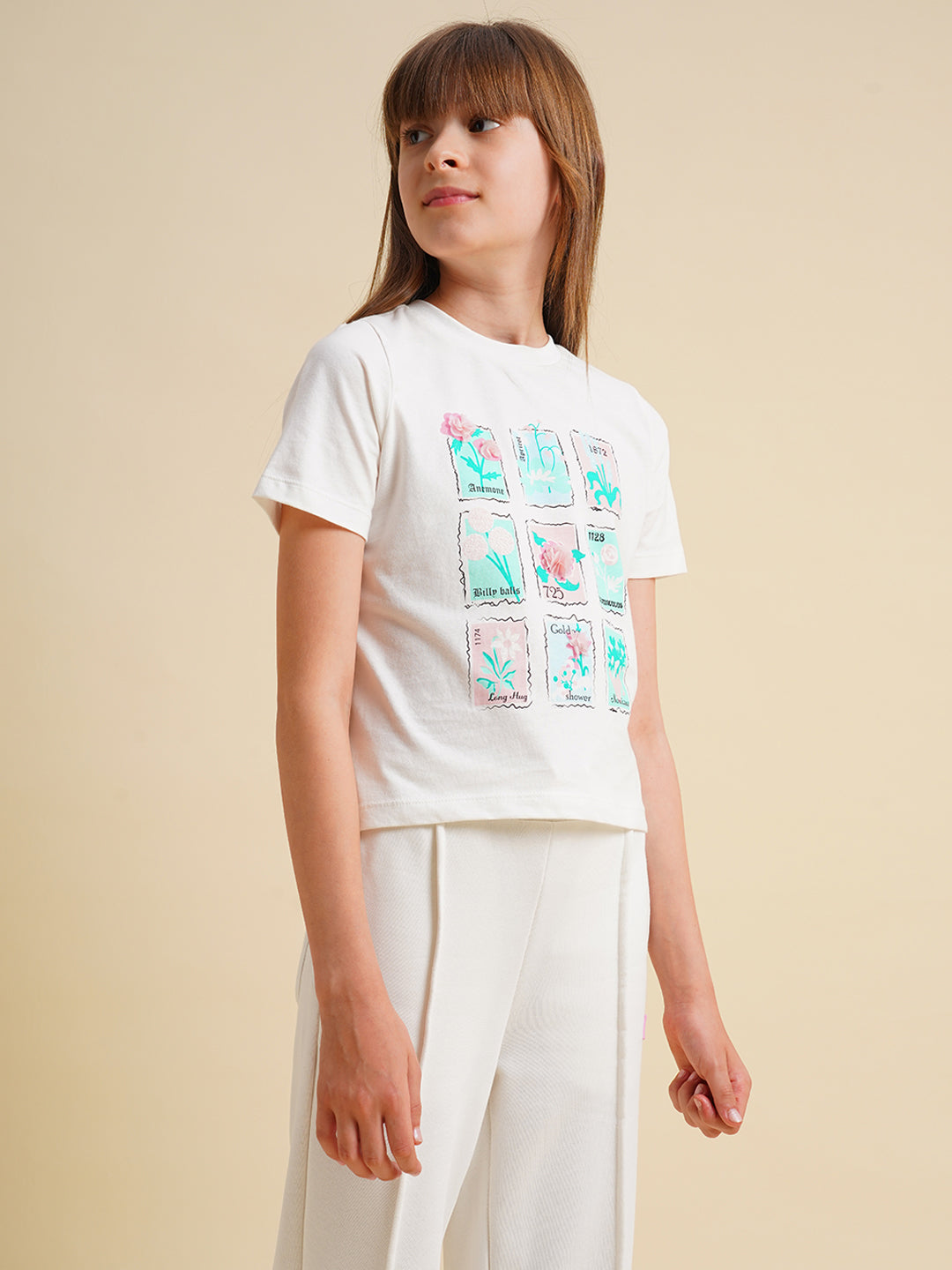 Girls White Floral Printed Cotton T-shirt