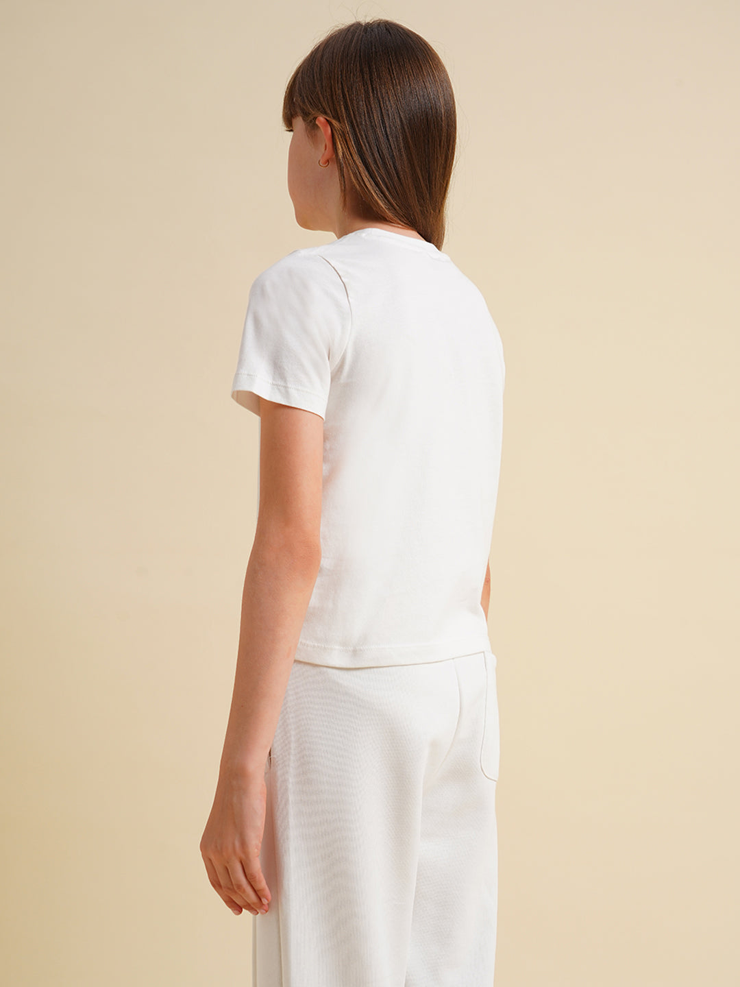 Girls White Floral Printed Cotton T-shirt