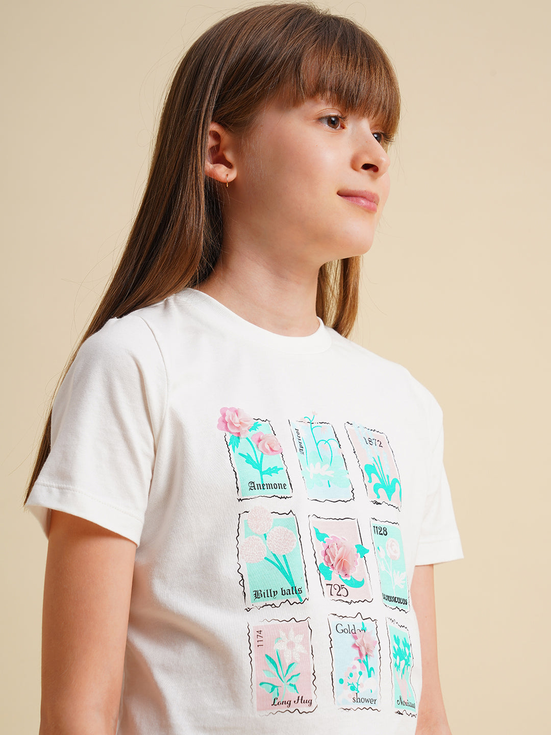 Girls White Floral Printed Cotton T-shirt