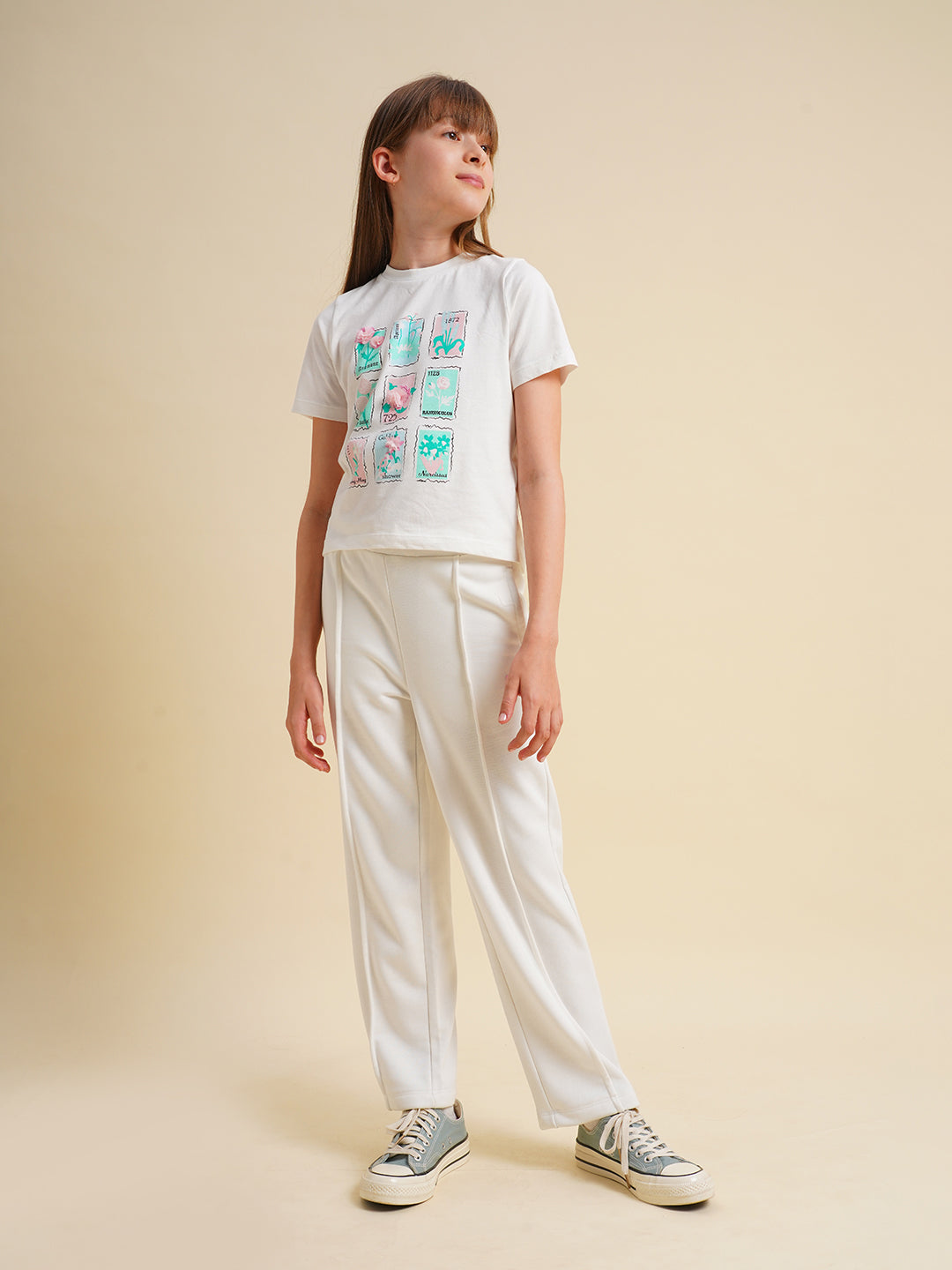 Girls White Floral Printed Cotton T-shirt