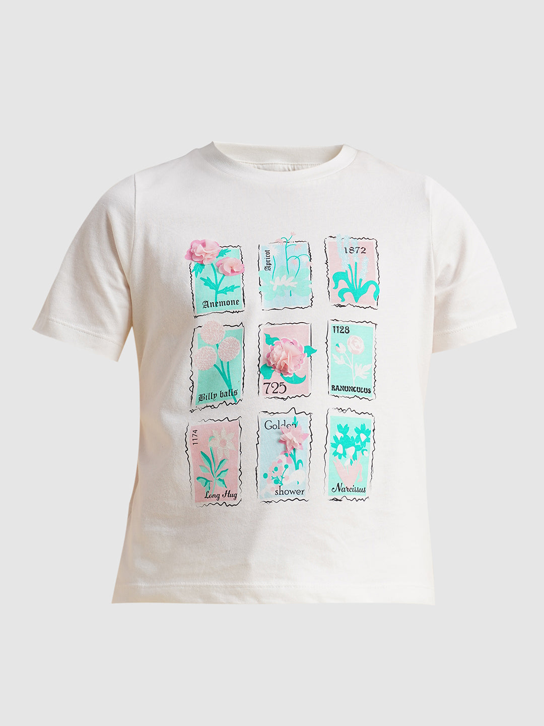 Girls White Floral Printed Cotton T-shirt