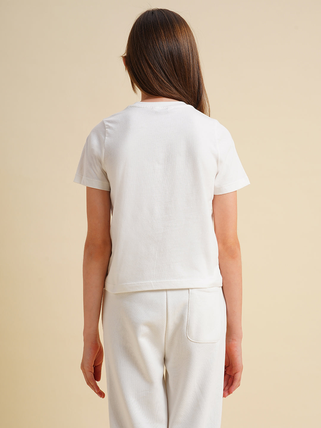 Girls White Floral Printed Cotton T-shirt