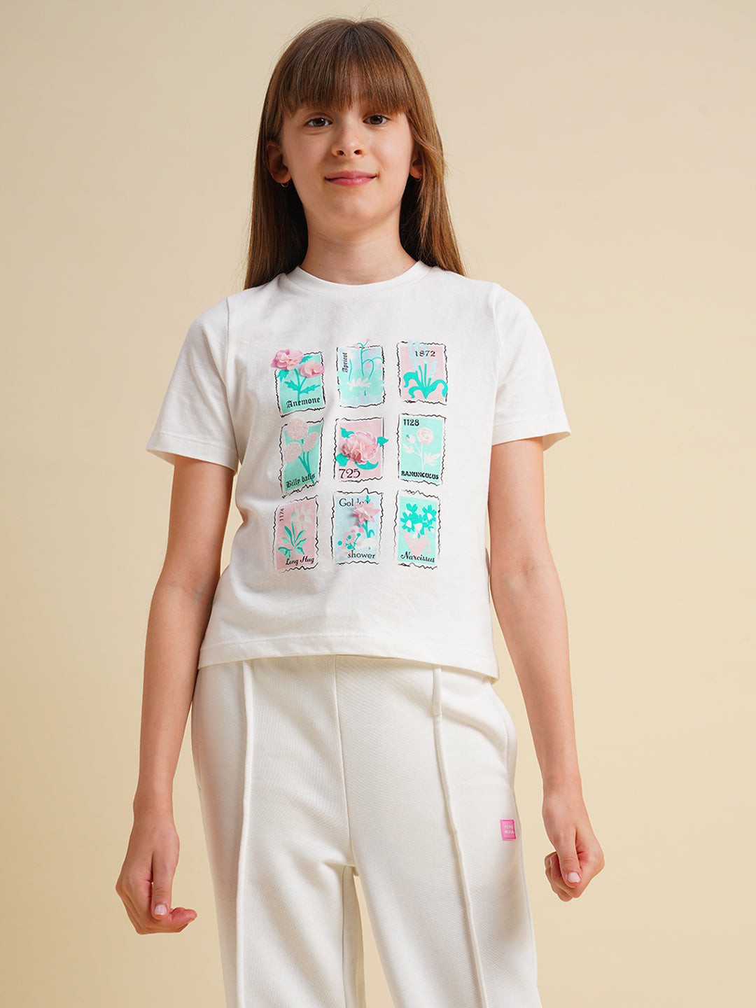 Girls White Floral Printed Cotton T-shirt