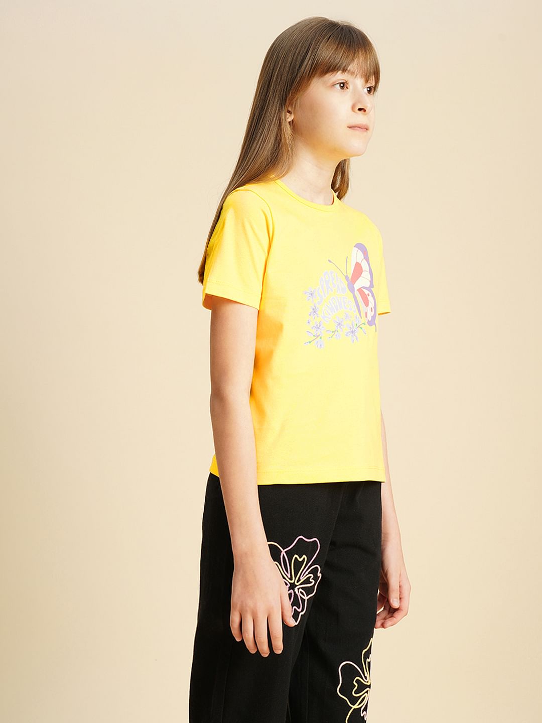 Girls Yellow Graphic Print T-Shirt