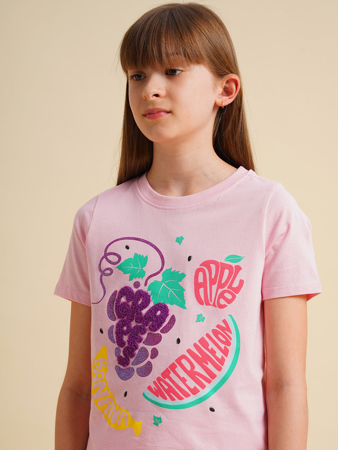 Girls Pink Printed Cotton T-shirt