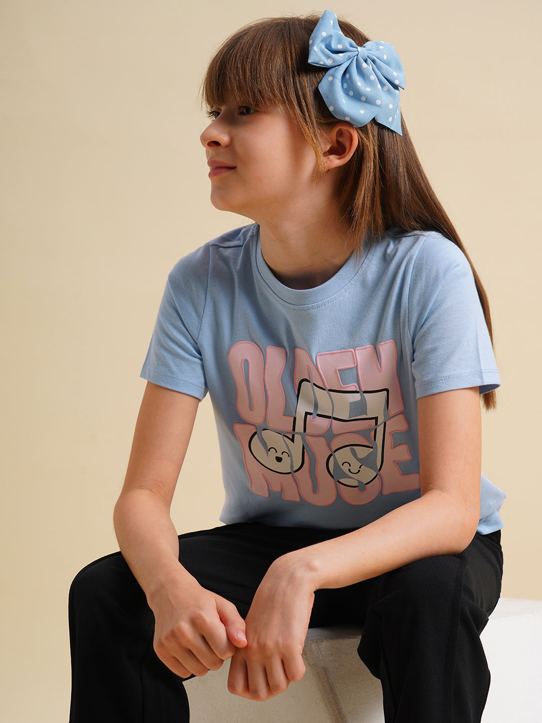 Girls Blue Printed Cotton T-shirt