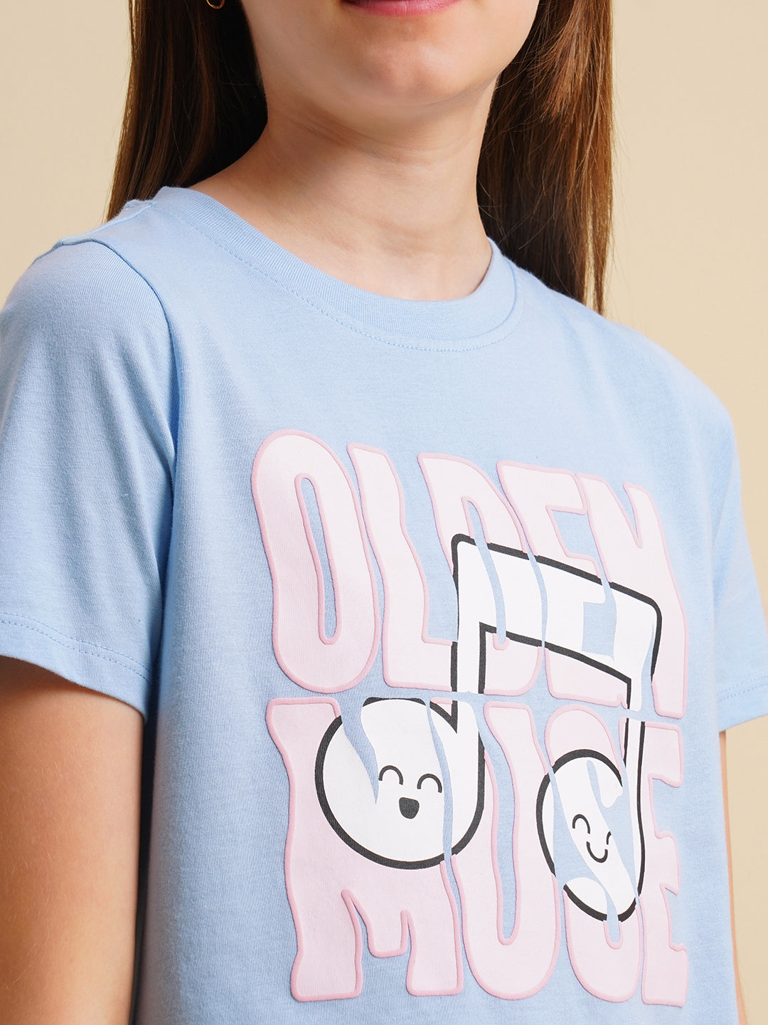 Girls Blue Printed Cotton T-shirt