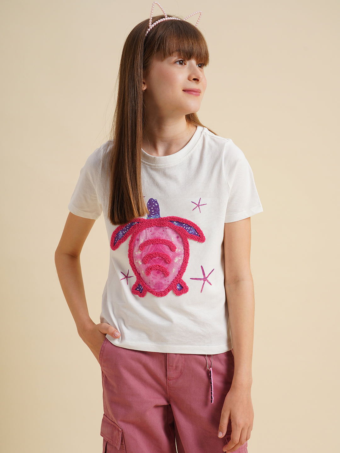 Girls White Turtle Print T-shirt