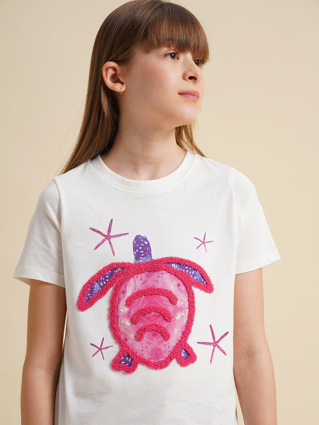 Girls White Turtle Print T-shirt
