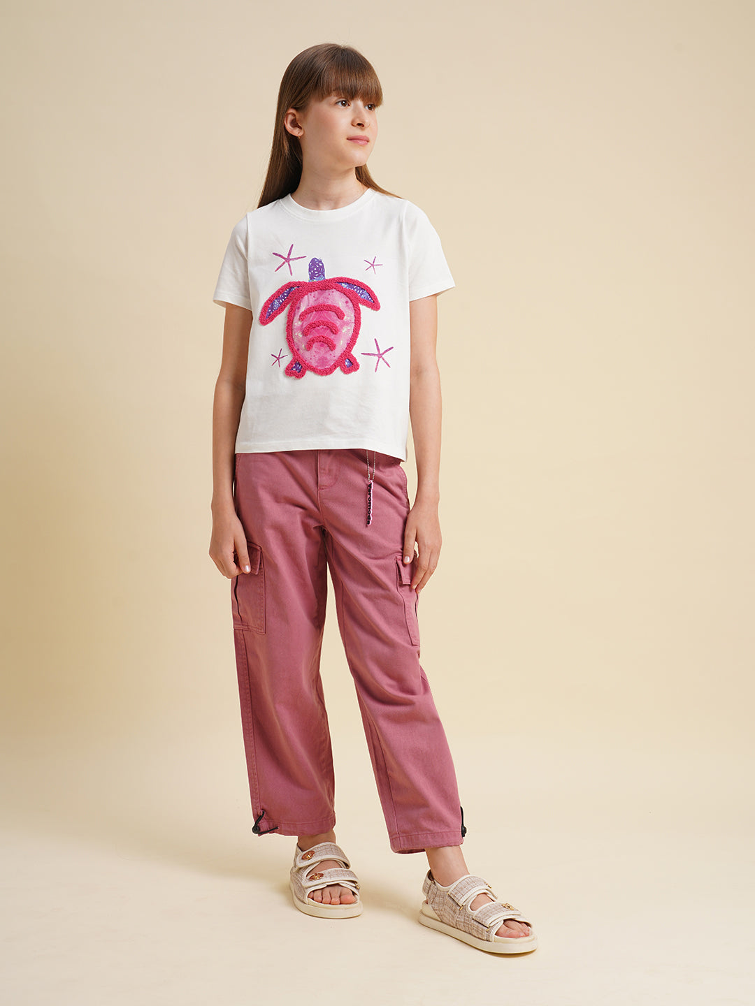 Girls White Turtle Print T-shirt