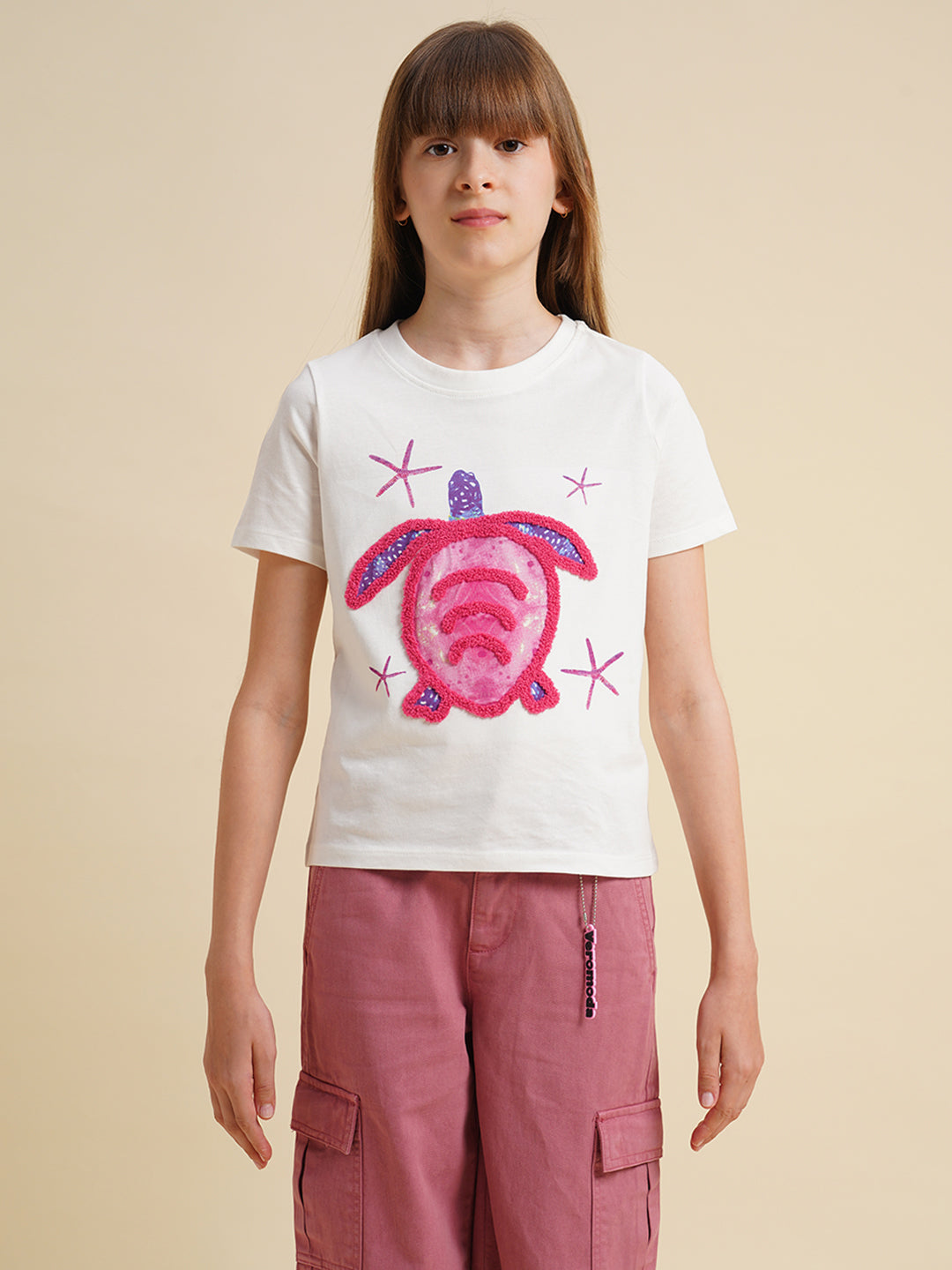 Girls White Turtle Print T-shirt
