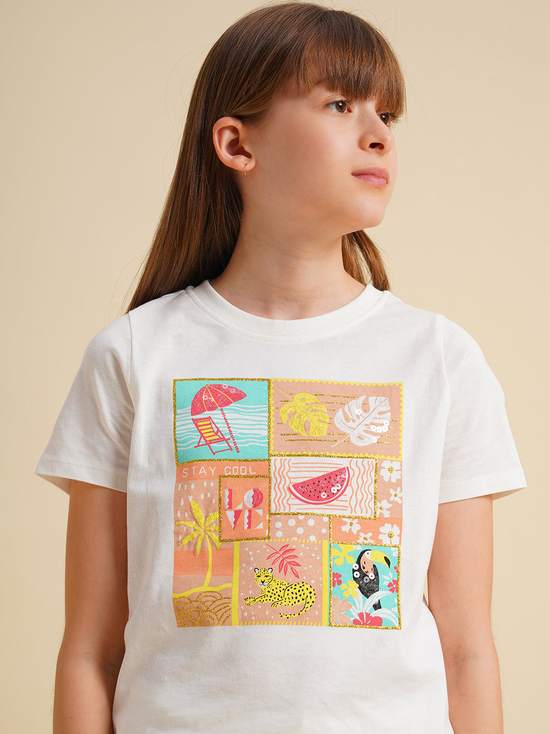 Girls White Printed Cotton T-shirt