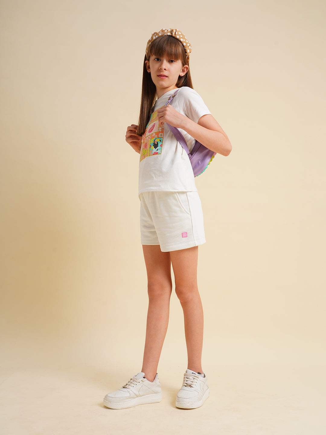 Girls White Printed Cotton T-shirt