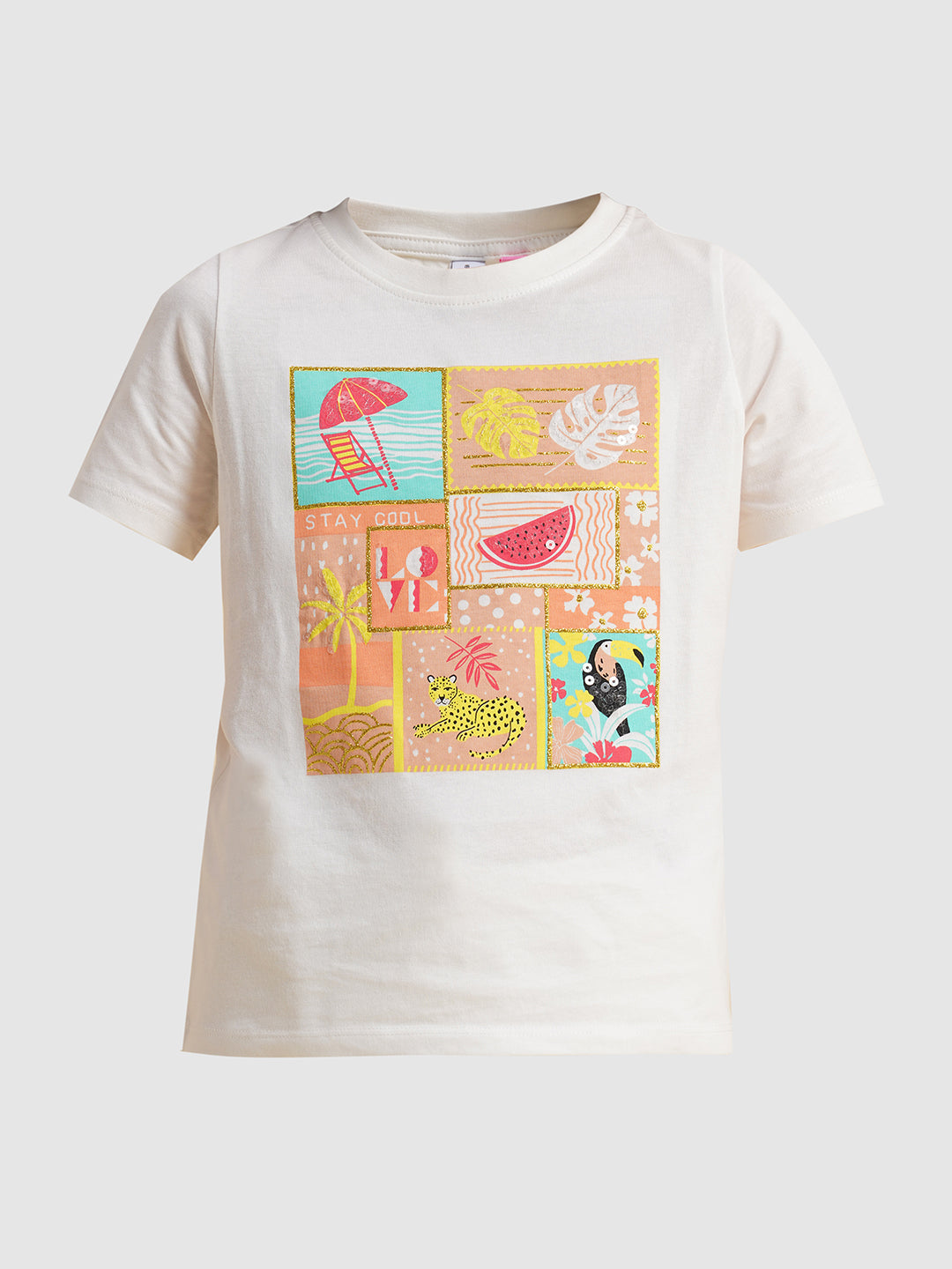 Girls White Printed Cotton T-shirt