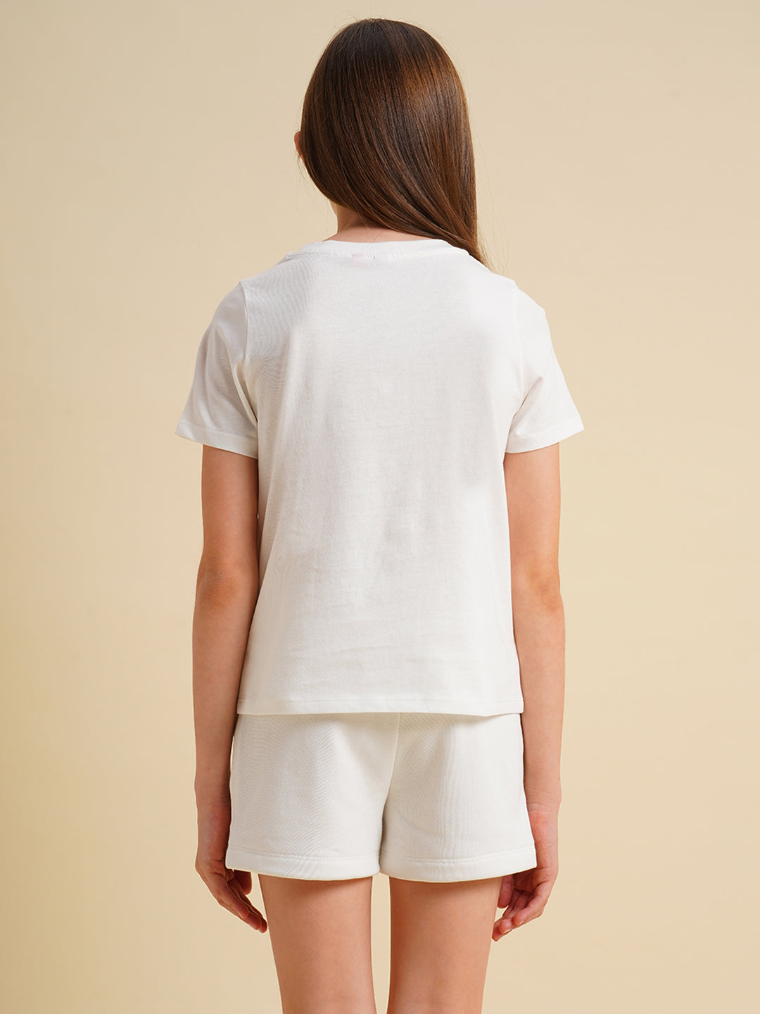 Girls White Printed Cotton T-shirt