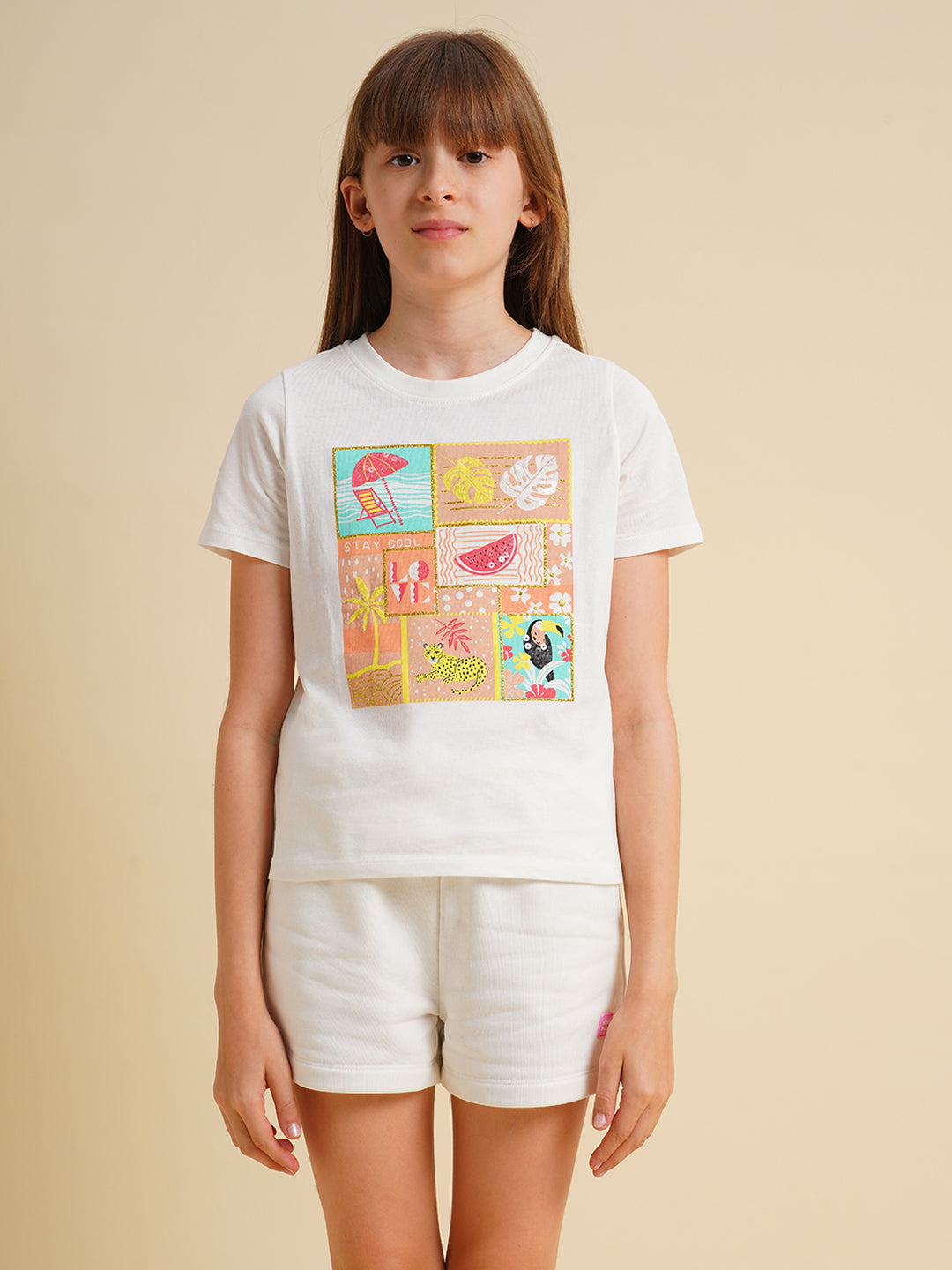 Girls White Printed Cotton T-shirt