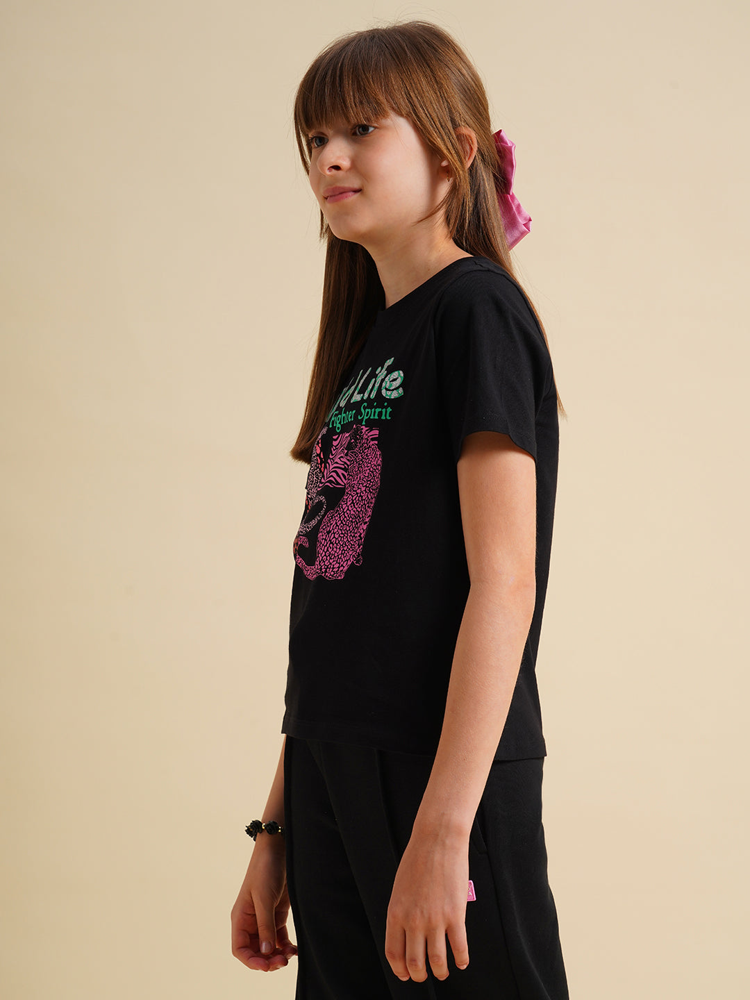 Girls Black Animal Print T-shirt