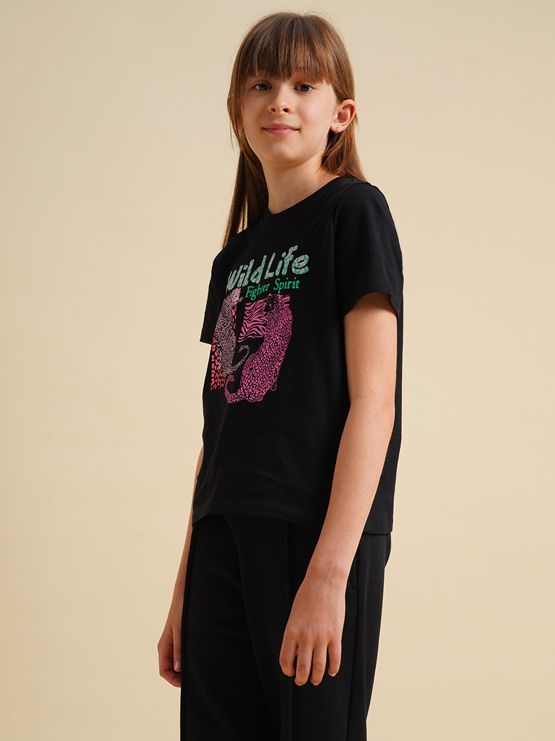 Girls Black Animal Print T-shirt