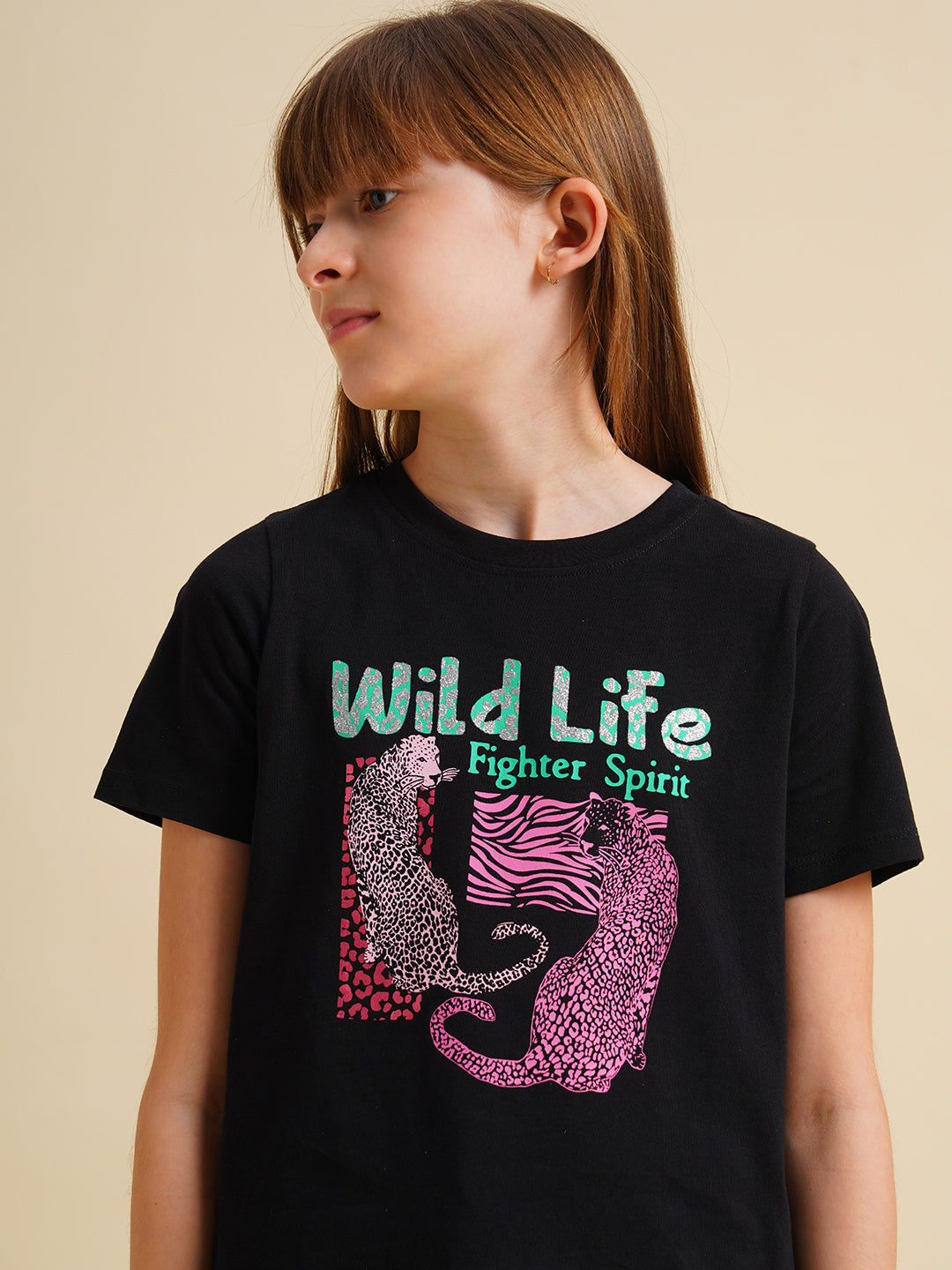 Girls Black Animal Print T-shirt