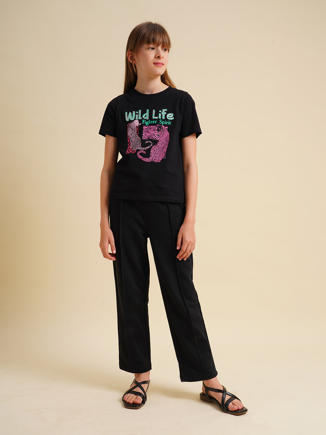 Girls Black Animal Print T-shirt