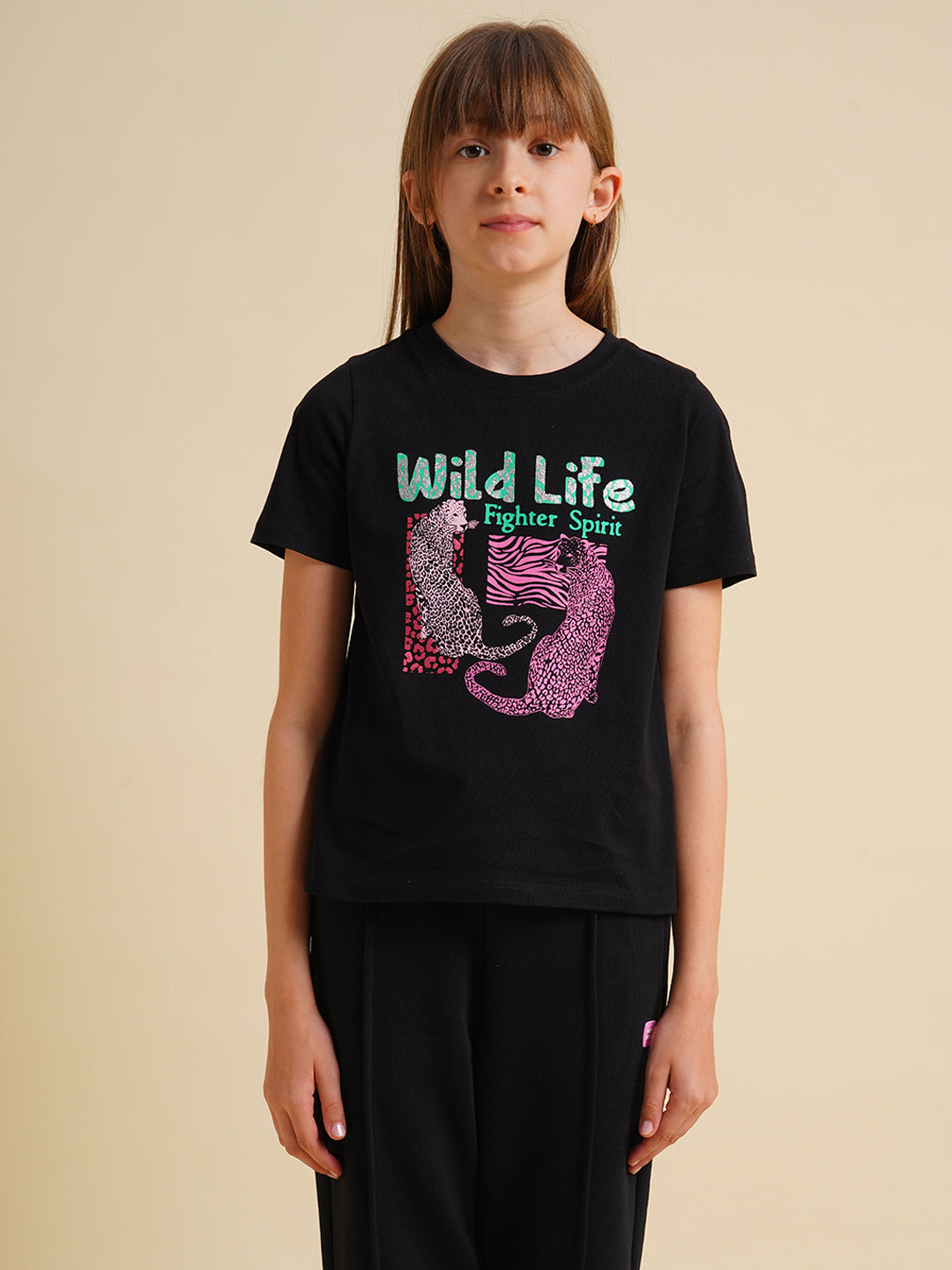 Girls Black Animal Print T-shirt