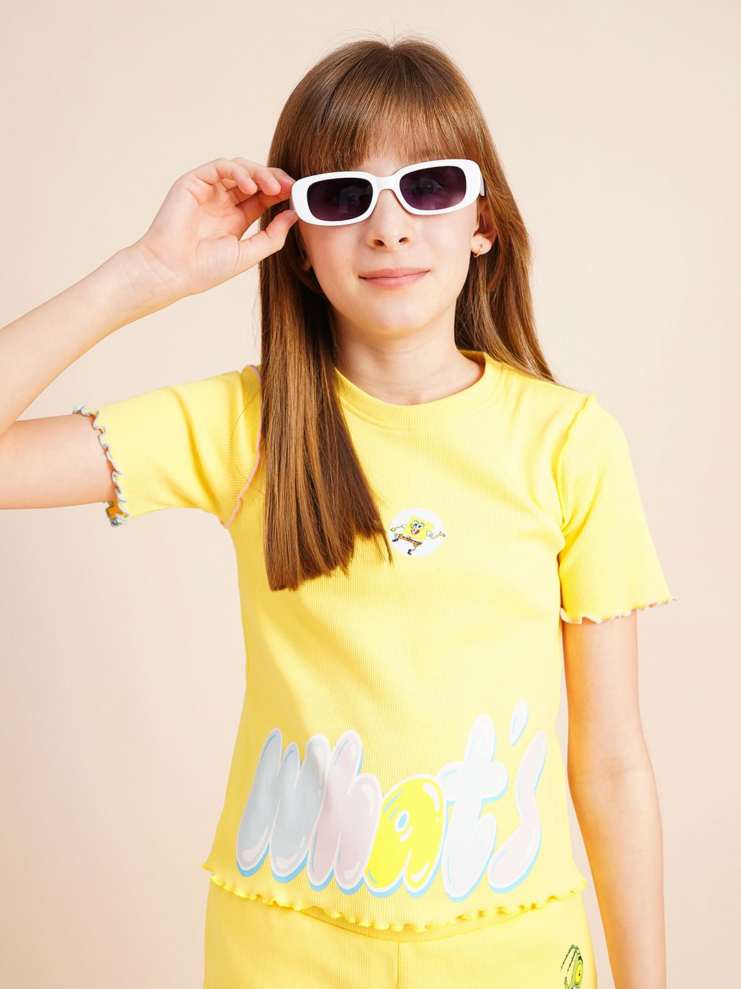 Girls Yellow Ribbed Co-Ord Set T-Shirt