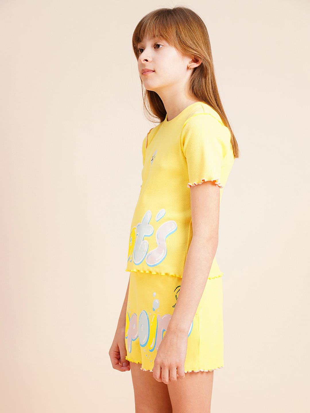 Girls Yellow Ribbed Co-Ord Set T-Shirt