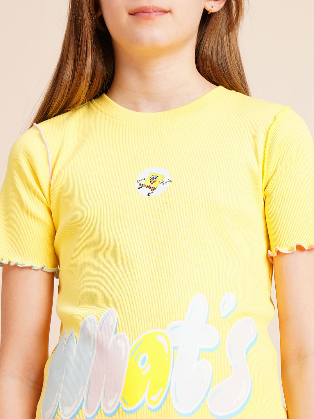 Girls Yellow Ribbed Co-Ord Set T-Shirt