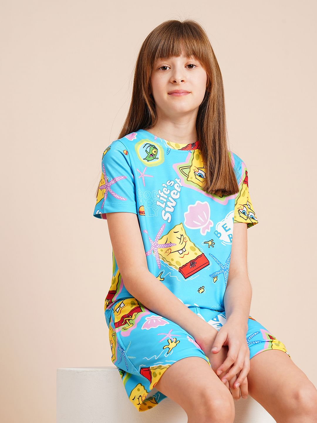 Girls Blue Spongebob Print T-Shirt