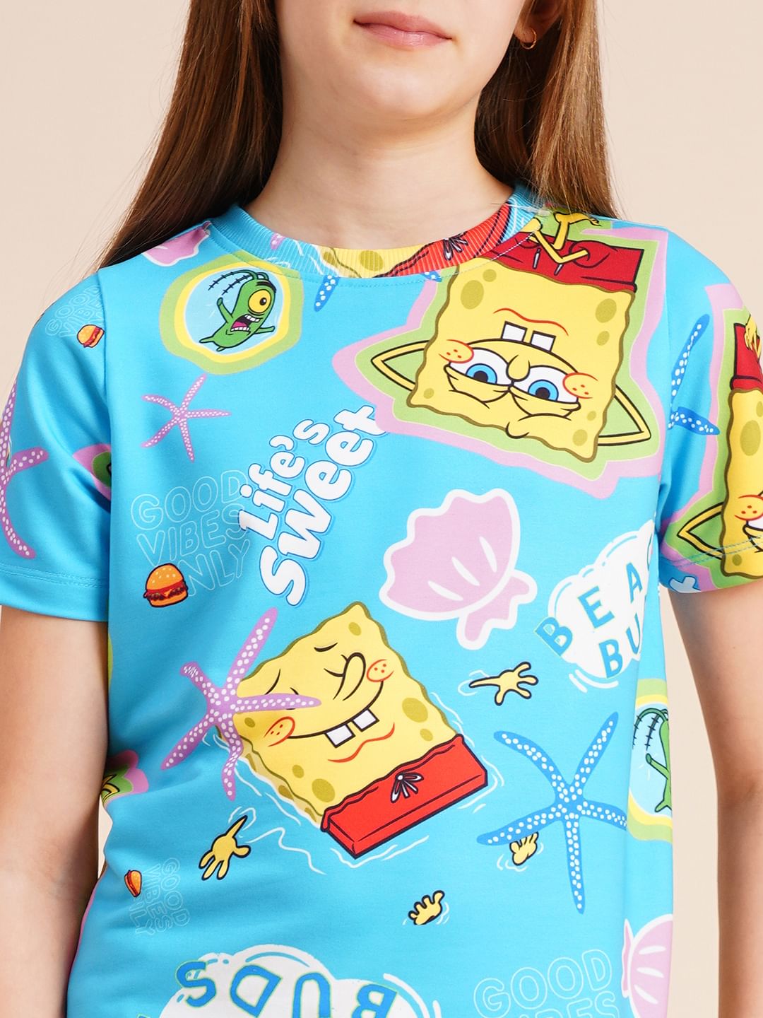 Girls Blue Spongebob Print T-Shirt