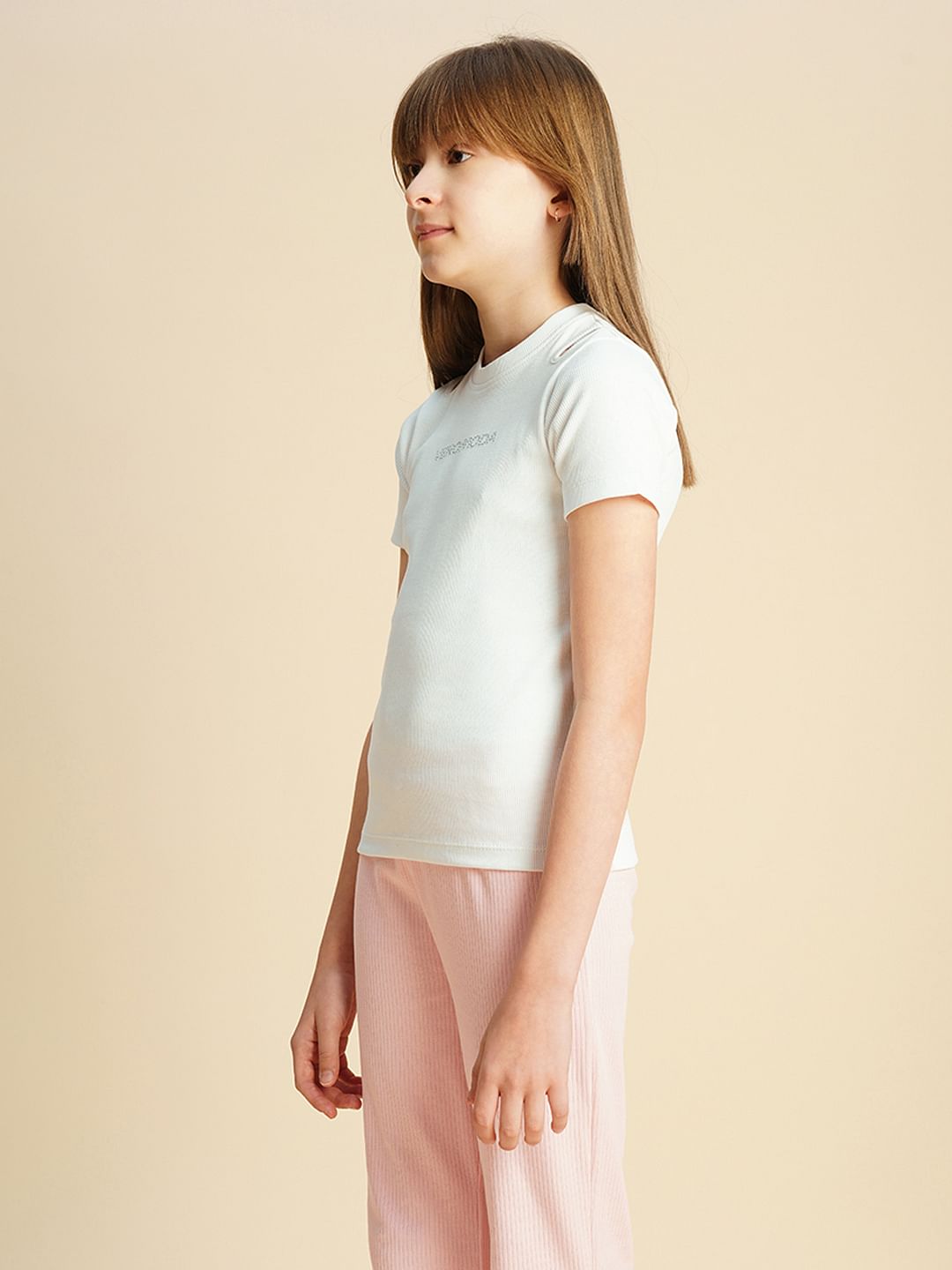 Girls White Rhinestone Text T-Shirt