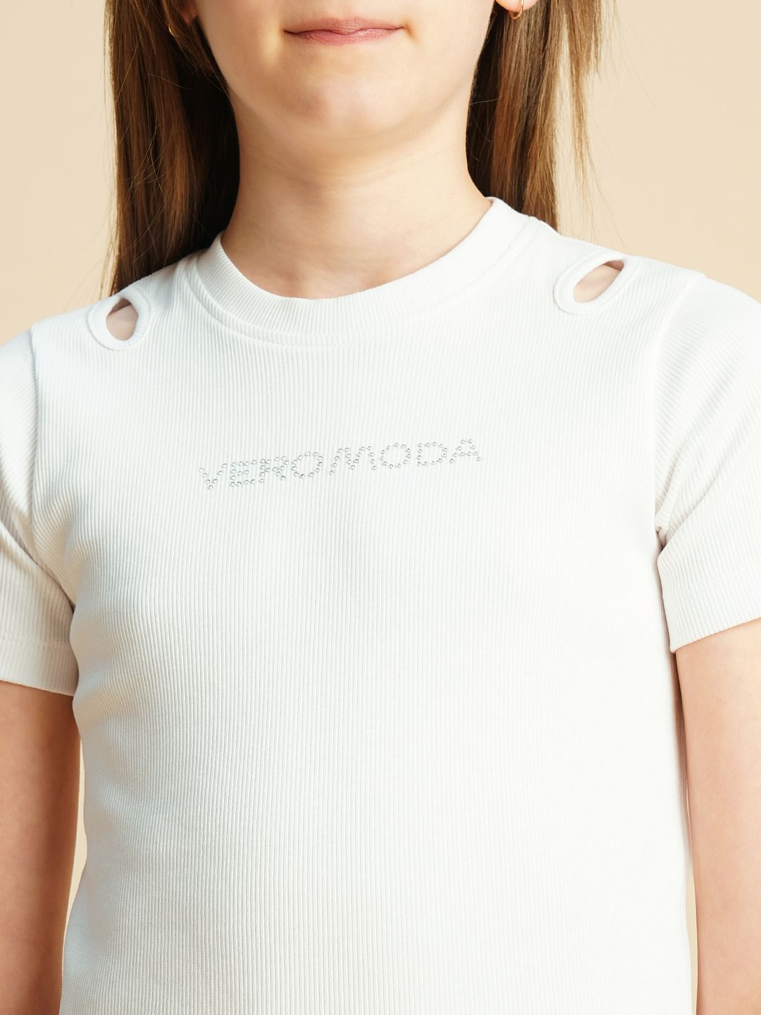 Girls White Rhinestone Text T-Shirt