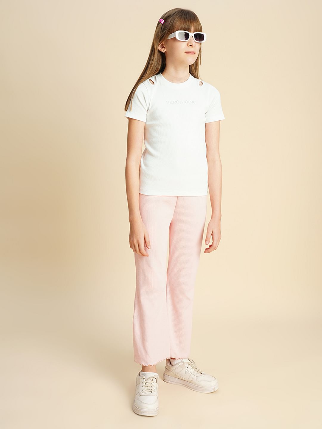 Girls White Rhinestone Text T-Shirt