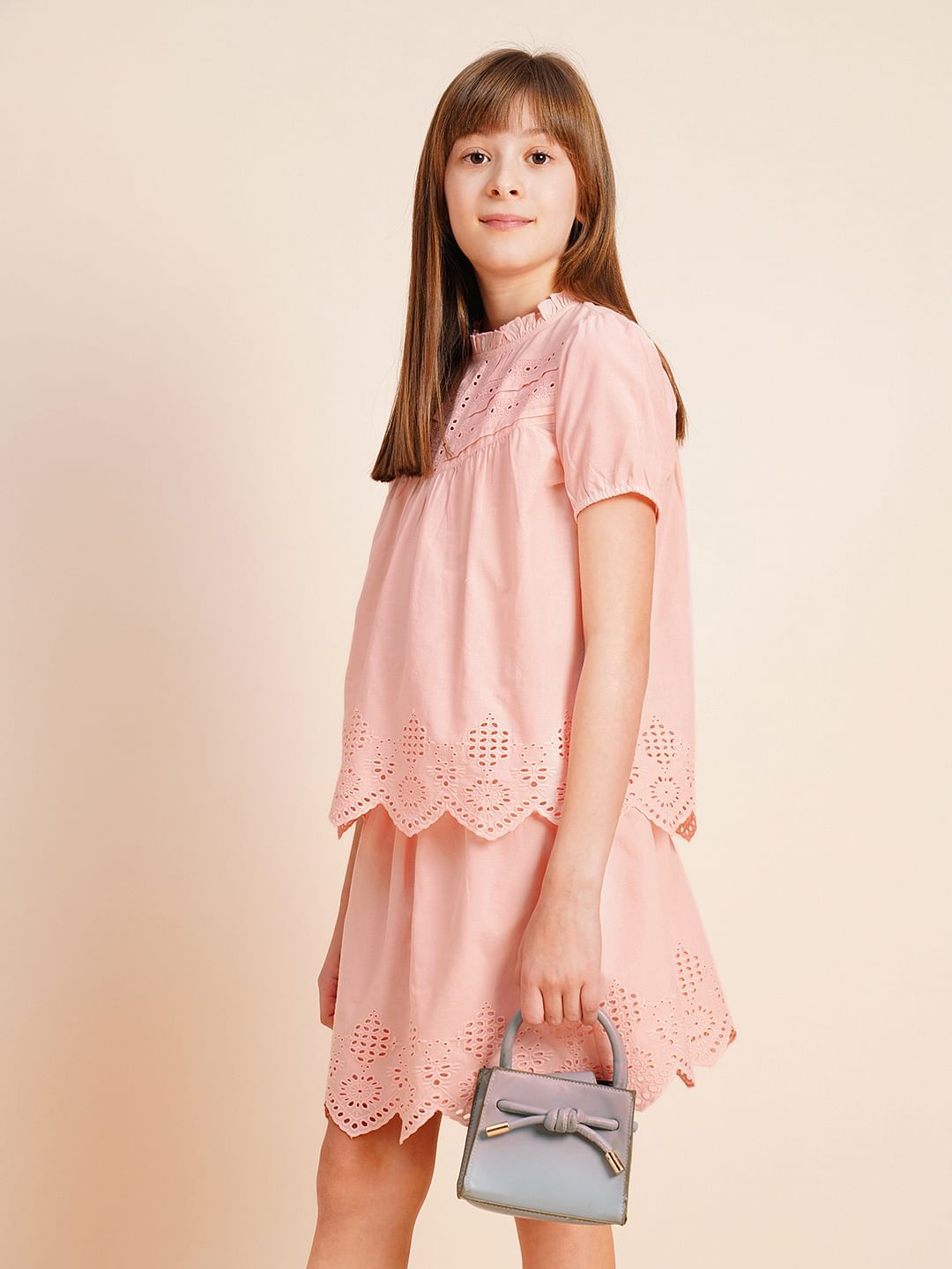 Girls Pink Schiffli Co-Ord Set Top