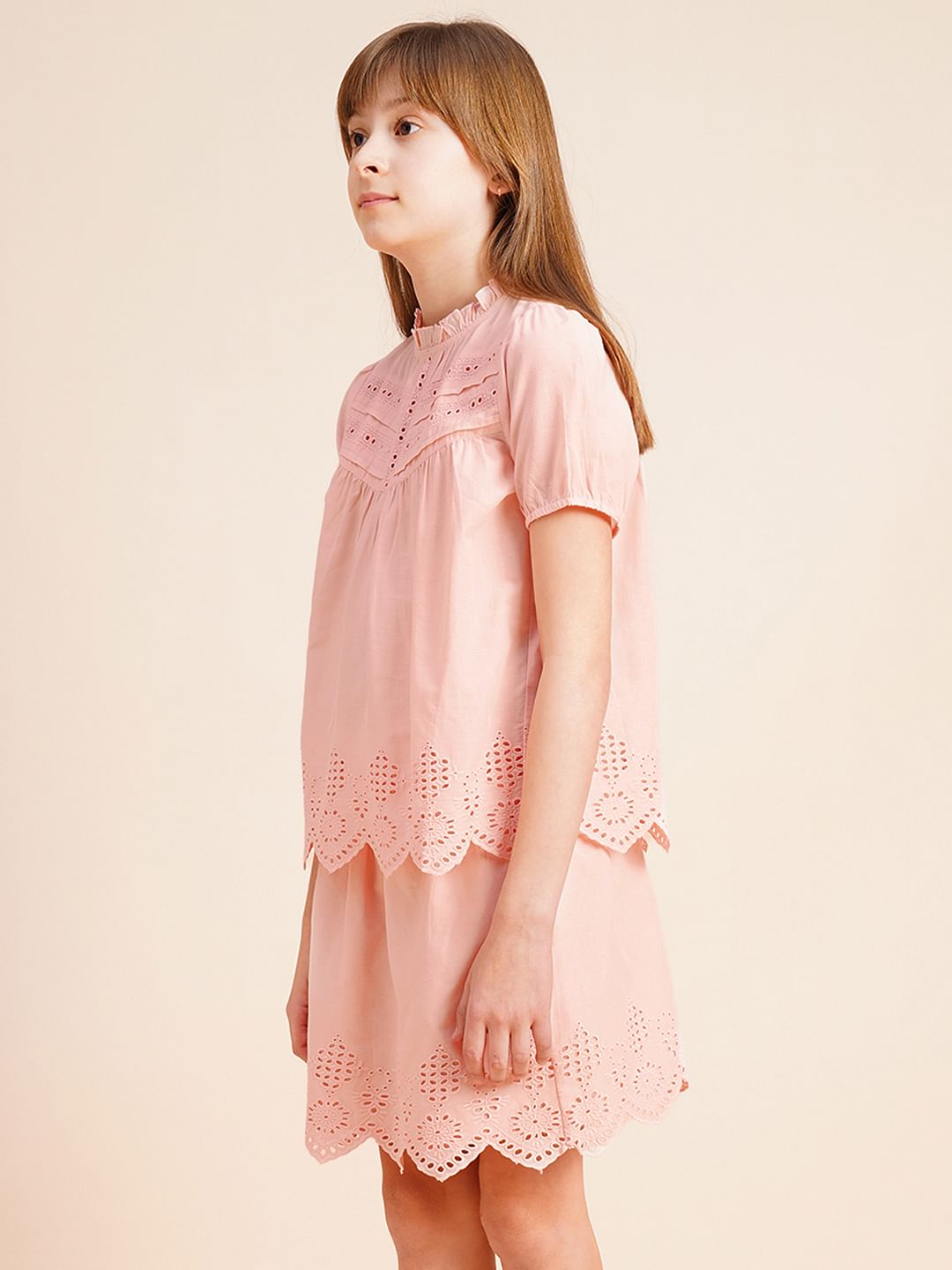 Girls Pink Schiffli Co-Ord Set Top
