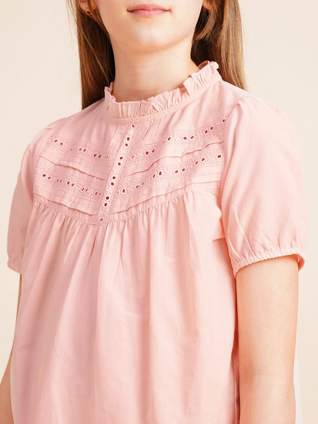 Girls Pink Schiffli Co-Ord Set Top