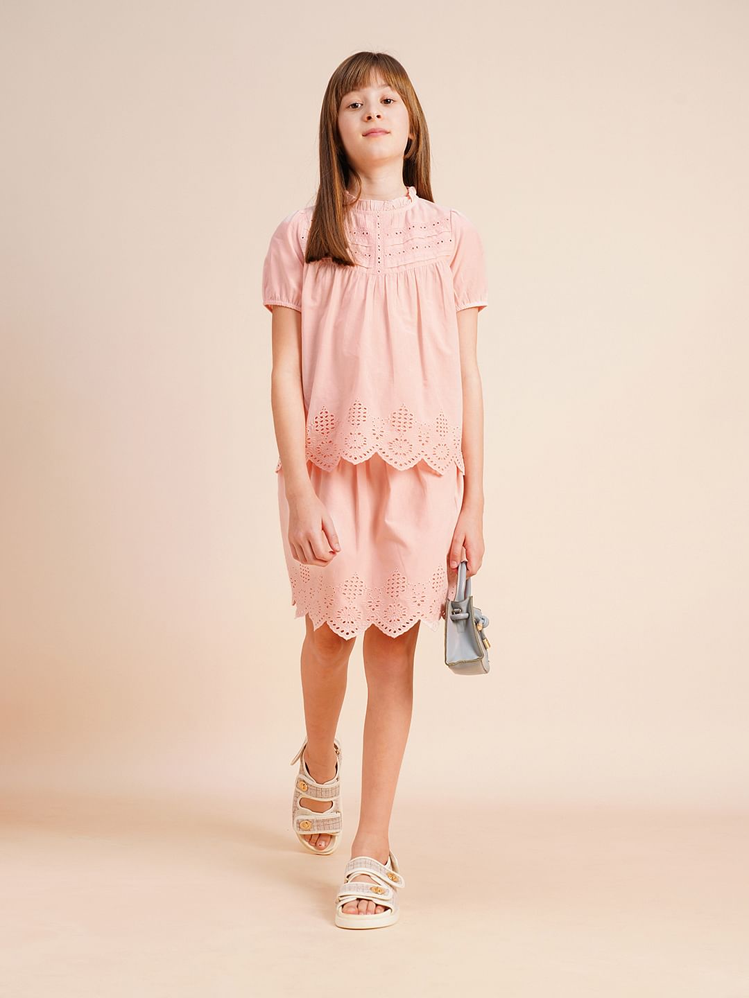 Girls Pink Schiffli Co-Ord Set Top